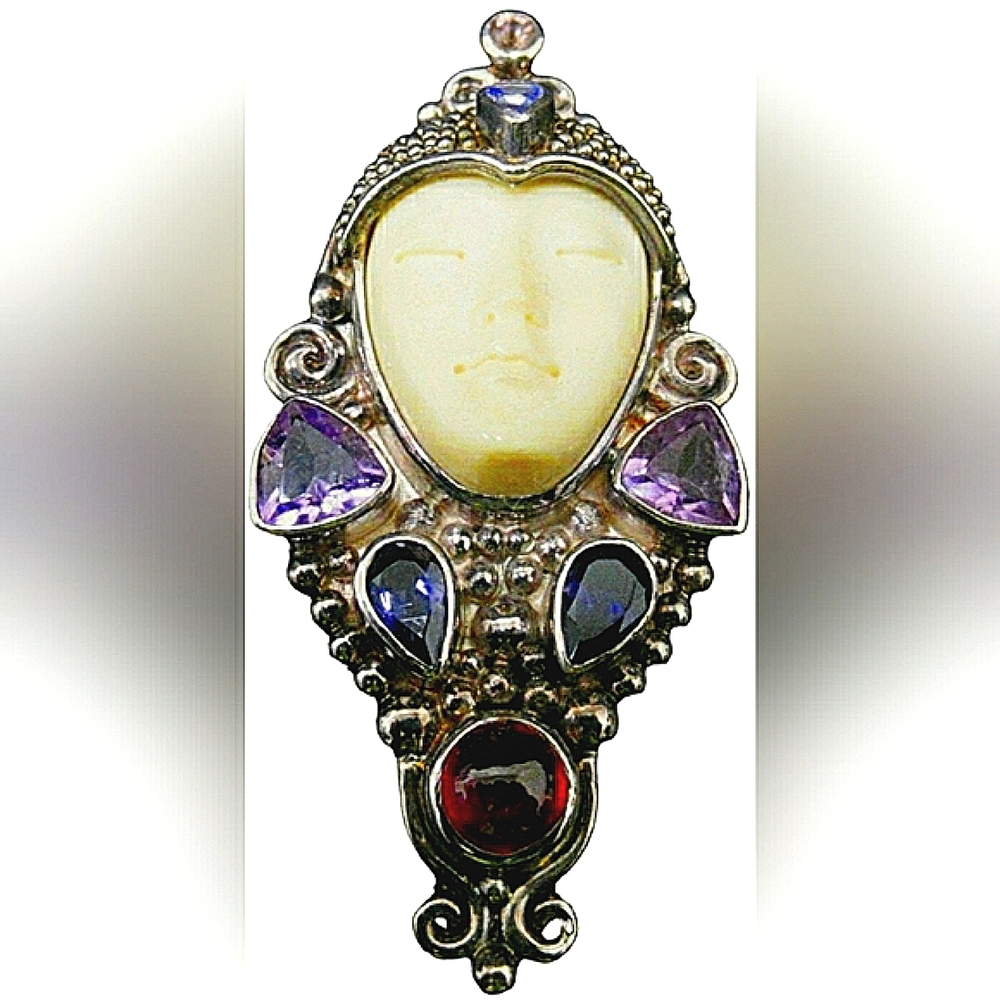 Sajen Goddess Amethyst, Iolite, Tourmaline, Carved Shell and 925 Silver Pendant